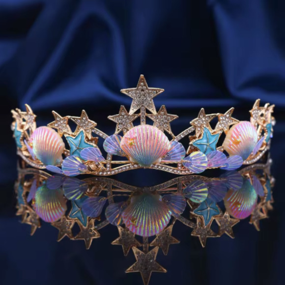 Mermaid Princess Seashell Starfish Crown Tiara Headpiece Sea Theme Wedding Party - Picture 1 of 7